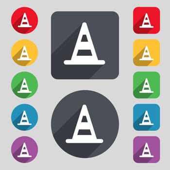 road cone icon sign. A set of 12 colored buttons and a long shadow. Flat design. illustration