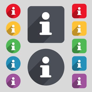 Information, Info icon sign. A set of 12 colored buttons and a long shadow. Flat design. illustration