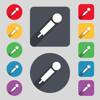 microphone icon sign. A set of 12 colored buttons and a long shadow. Flat design. illustration