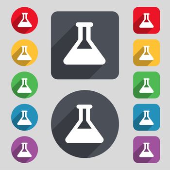 Conical Flask icon sign. A set of 12 colored buttons and a long shadow. Flat design. illustration