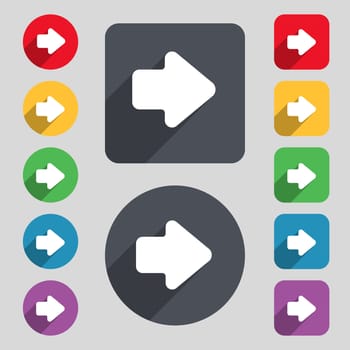 Arrow right, Next icon sign. A set of 12 colored buttons and a long shadow. Flat design. illustration