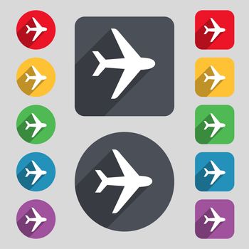 Plane icon sign. A set of 12 colored buttons and a long shadow. Flat design. illustration