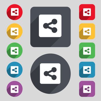 Share icon sign. A set of 12 colored buttons and a long shadow. Flat design. illustration