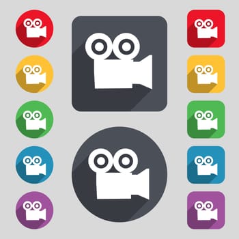 video camera icon sign. A set of 12 colored buttons and a long shadow. Flat design. illustration