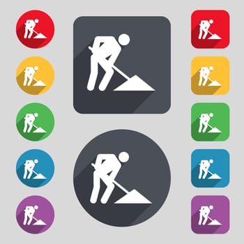 repair of road, construction work icon sign. A set of 12 colored buttons and a long shadow. Flat design. illustration