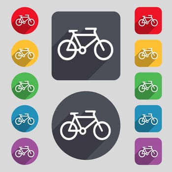 bike icon sign. A set of 12 colored buttons and a long shadow. Flat design. illustration