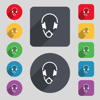 headsets icon sign. A set of 12 colored buttons and a long shadow. Flat design. illustration