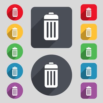 The trash icon sign. A set of 12 colored buttons and a long shadow. Flat design. illustration