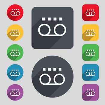 audio cassette icon sign. A set of 12 colored buttons and a long shadow. Flat design. illustration