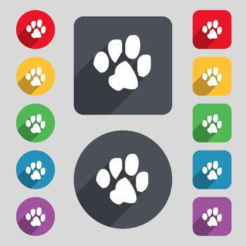 trace dogs icon sign. A set of 12 colored buttons and a long shadow. Flat design. illustration