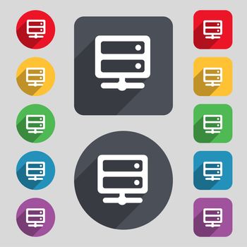 Server icon sign. A set of 12 colored buttons and a long shadow. Flat design. illustration