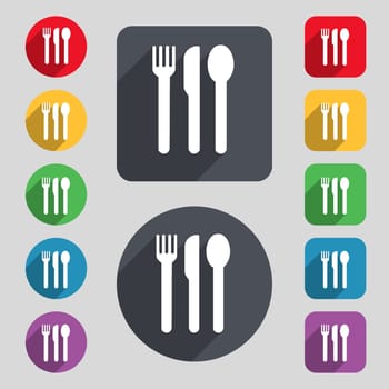 fork, knife, spoon icon sign. A set of 12 colored buttons and a long shadow. Flat design. illustration