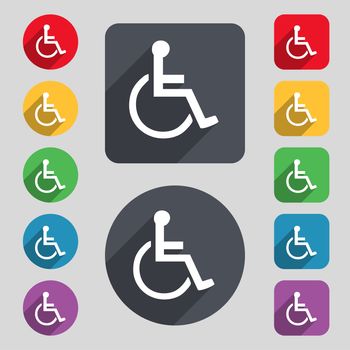 disabled icon sign. A set of 12 colored buttons and a long shadow. Flat design. illustration