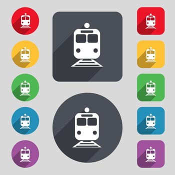 train icon sign. A set of 12 colored buttons and a long shadow. Flat design. illustration