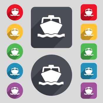 the boat icon sign. A set of 12 colored buttons and a long shadow. Flat design. illustration