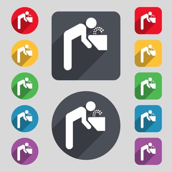 drinking fountain icon sign. A set of 12 colored buttons and a long shadow. Flat design. illustration