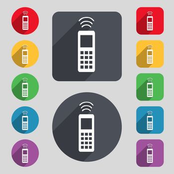 the remote control icon sign. A set of 12 colored buttons and a long shadow. Flat design. illustration