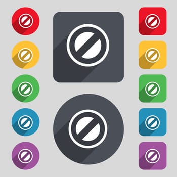 Cancel icon sign. A set of 12 colored buttons and a long shadow. Flat design. illustration