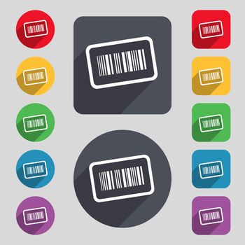 Barcode icon sign. A set of 12 colored buttons and a long shadow. Flat design. illustration