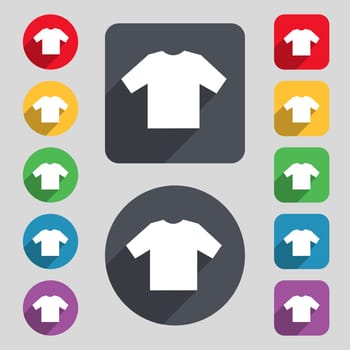 t-shirt icon sign. A set of 12 colored buttons and a long shadow. Flat design. illustration