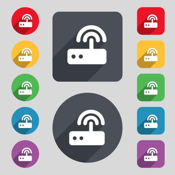 Wi fi router icon sign. A set of 12 colored buttons and a long shadow. Flat design. illustration