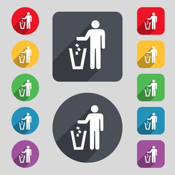 throw away the trash icon sign. A set of 12 colored buttons and a long shadow. Flat design. illustration