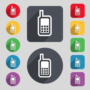 Mobile phone icon sign. A set of 12 colored buttons and a long shadow. Flat design. illustration
