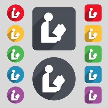 read a book icon sign. A set of 12 colored buttons and a long shadow. Flat design. illustration