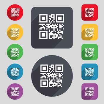 Qr code icon sign. A set of 12 colored buttons and a long shadow. Flat design. illustration