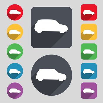 Jeep icon sign. A set of 12 colored buttons and a long shadow. Flat design. illustration