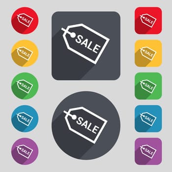 Sale icon sign. A set of 12 colored buttons and a long shadow. Flat design. illustration