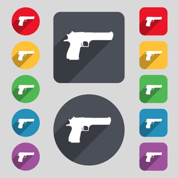 gun icon sign. A set of 12 colored buttons and a long shadow. Flat design. illustration