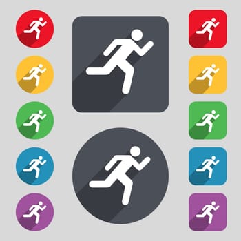 running man icon sign. A set of 12 colored buttons and a long shadow. Flat design. illustration