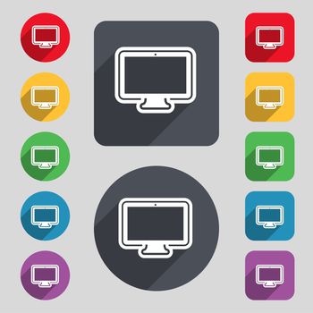 monitor icon sign. A set of 12 colored buttons and a long shadow. Flat design. illustration