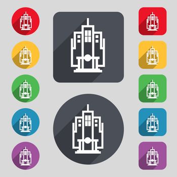 skyscraper icon sign. A set of 12 colored buttons and a long shadow. Flat design. illustration