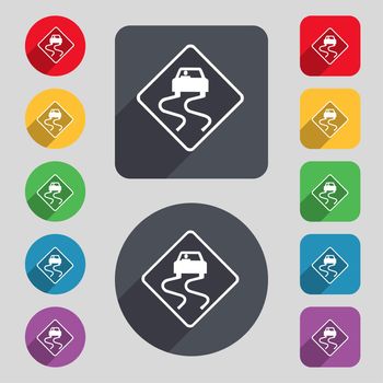 Road slippery icon sign. A set of 12 colored buttons and a long shadow. Flat design. illustration