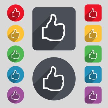 Like icon sign. A set of 12 colored buttons and a long shadow. Flat design. illustration