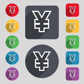Yen JPY icon sign. A set of 12 colored buttons and a long shadow. Flat design. illustration