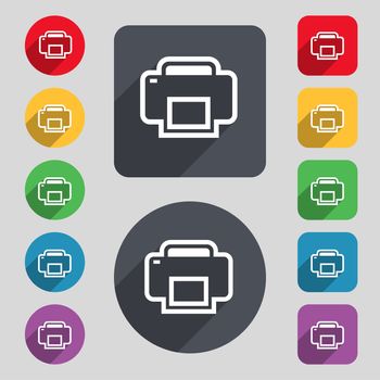 Printing icon sign. A set of 12 colored buttons and a long shadow. Flat design. illustration