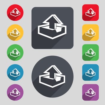 Upload icon sign. A set of 12 colored buttons and a long shadow. Flat design. illustration