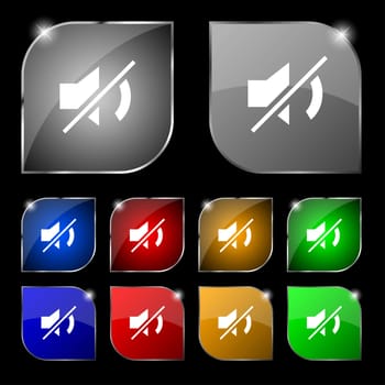 Mute speaker sign icon. Sound symbol. Set colourful buttons. illustration