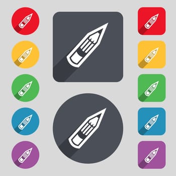 Pencil icon sign. A set of 12 colored buttons and a long shadow. Flat design. illustration