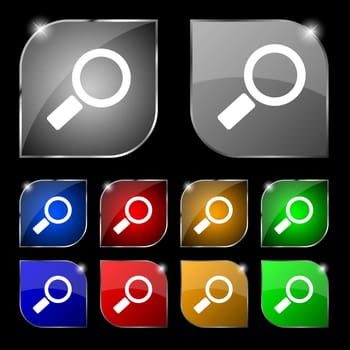 Magnifier glass sign icon. Zoom tool button. Navigation search symbol. Set colourful buttons illustration