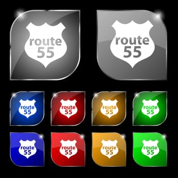 Route 55 highway icon sign. Set of ten colorful buttons with glare. illustration
