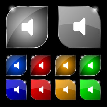 Speaker volume, Sound icon sign. Set of ten colorful buttons with glare. illustration