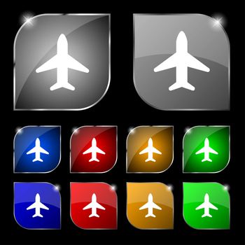 Airplane, Plane, Travel, Flight icon sign. Set of ten colorful buttons with glare. illustration