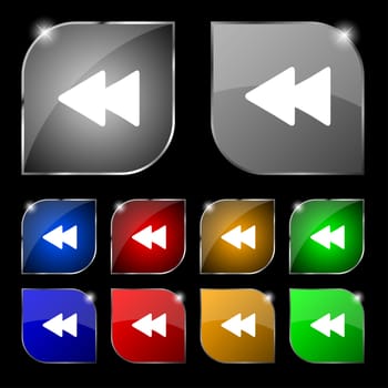 rewind icon sign. Set of ten colorful buttons with glare. illustration