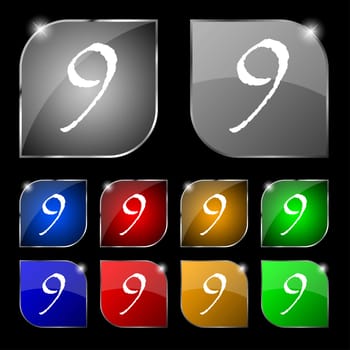 number Nine icon sign. Set of coloured buttons. illustration