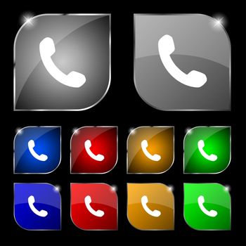 Phone, Support, Call center icon sign. Set of ten colorful buttons with glare. illustration