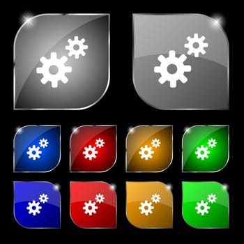 Cog settings, Cogwheel gear mechanism icon sign. Set of ten colorful buttons with glare. illustration